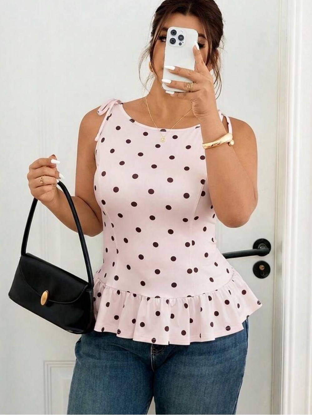 Lounesse Plus Size Women's Black Polka Dot Tie Shoulder Design Casual T-Shirt,